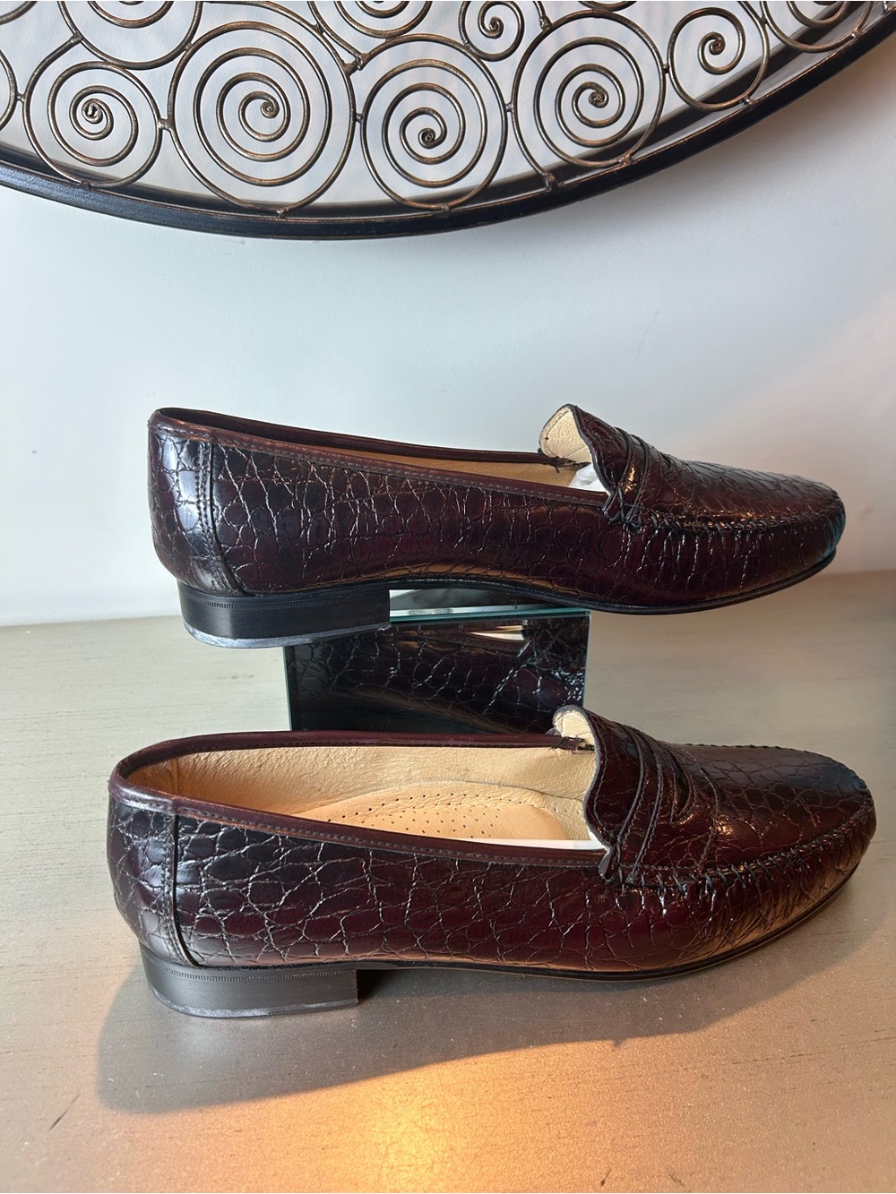 Stuart McGuire Men's Croc-Embossed Burgundy Leather Penny Loafers